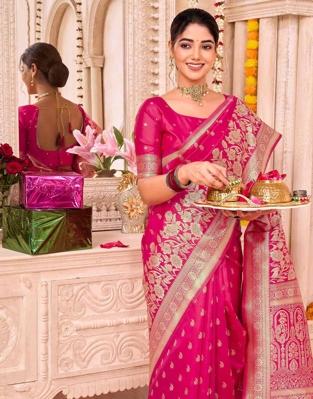 Rani Pink Silk Woven Banarasi Saree