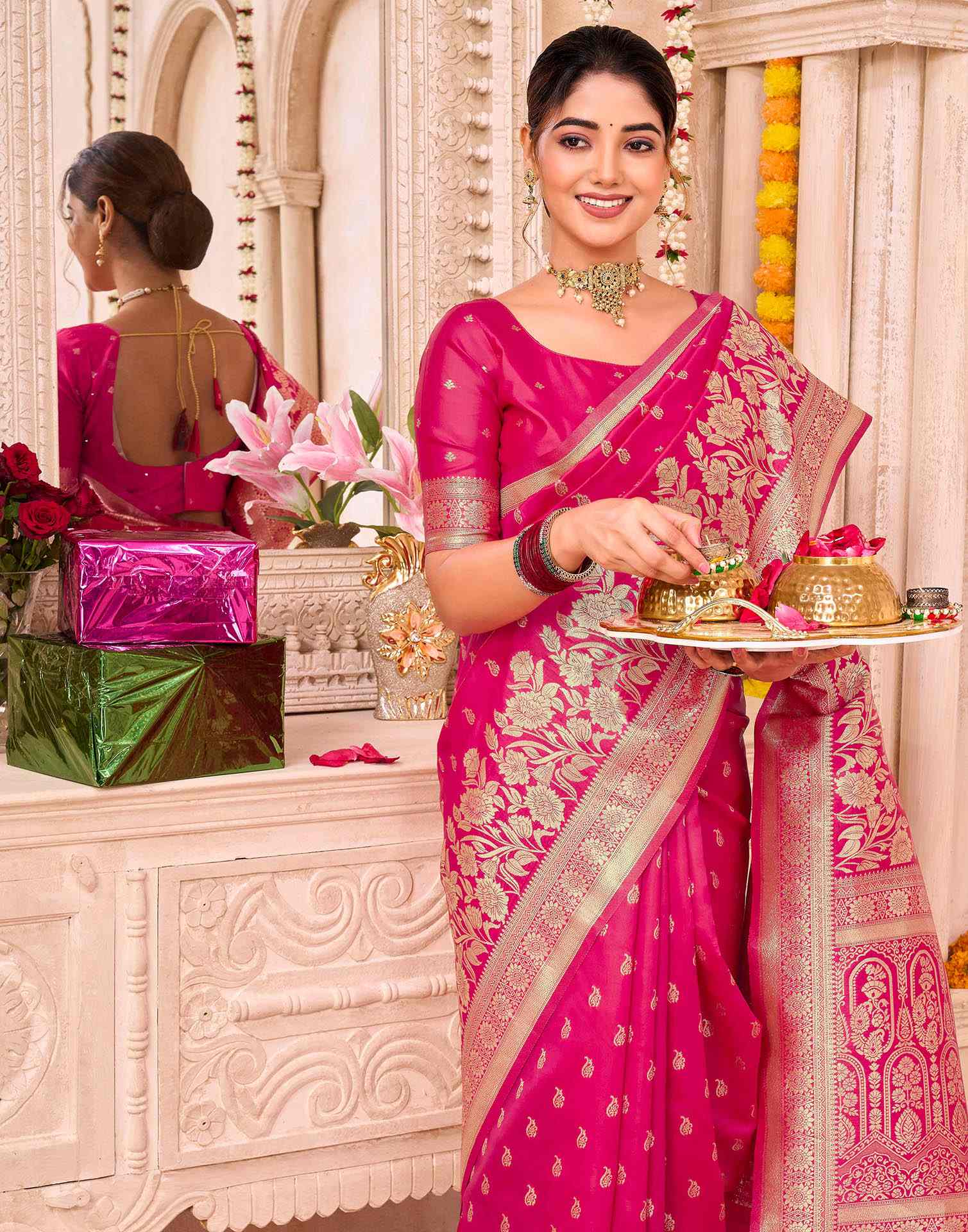 Rani Pink Silk Woven Banarasi Saree