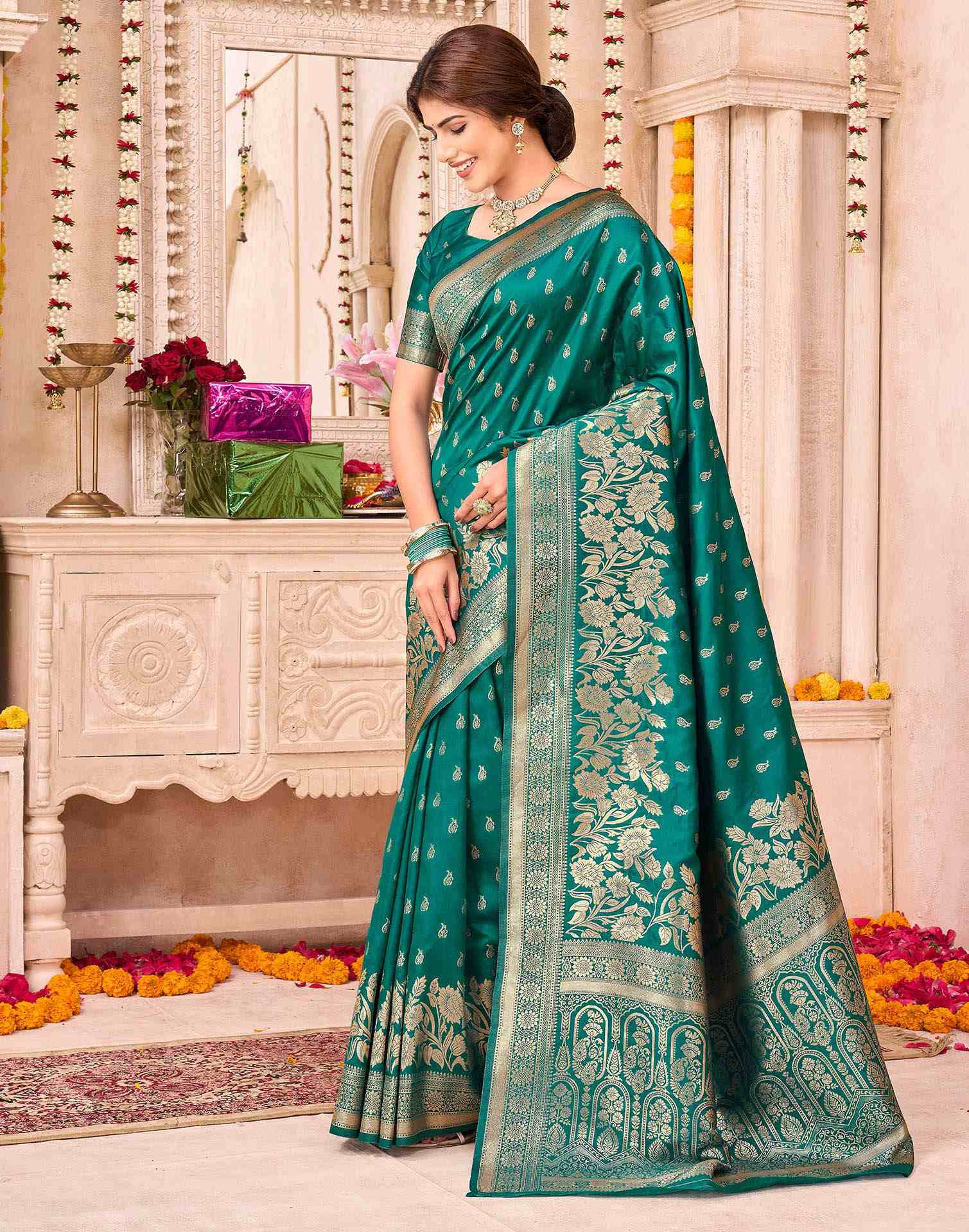 Teal Green Silk Woven Banarasi Saree