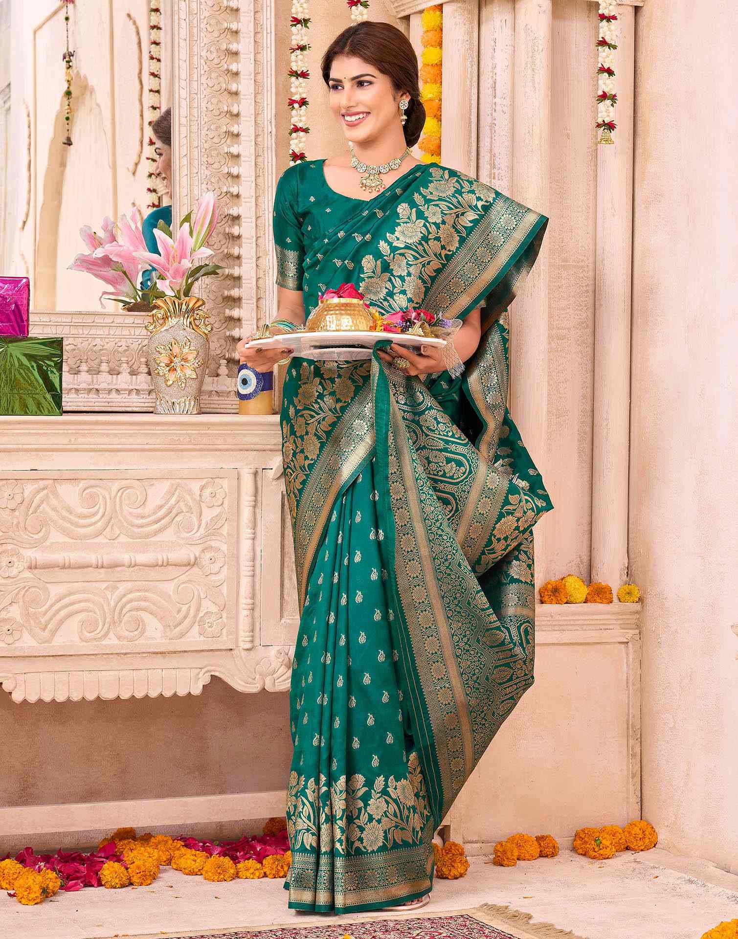 Teal Green Silk Woven Banarasi Saree