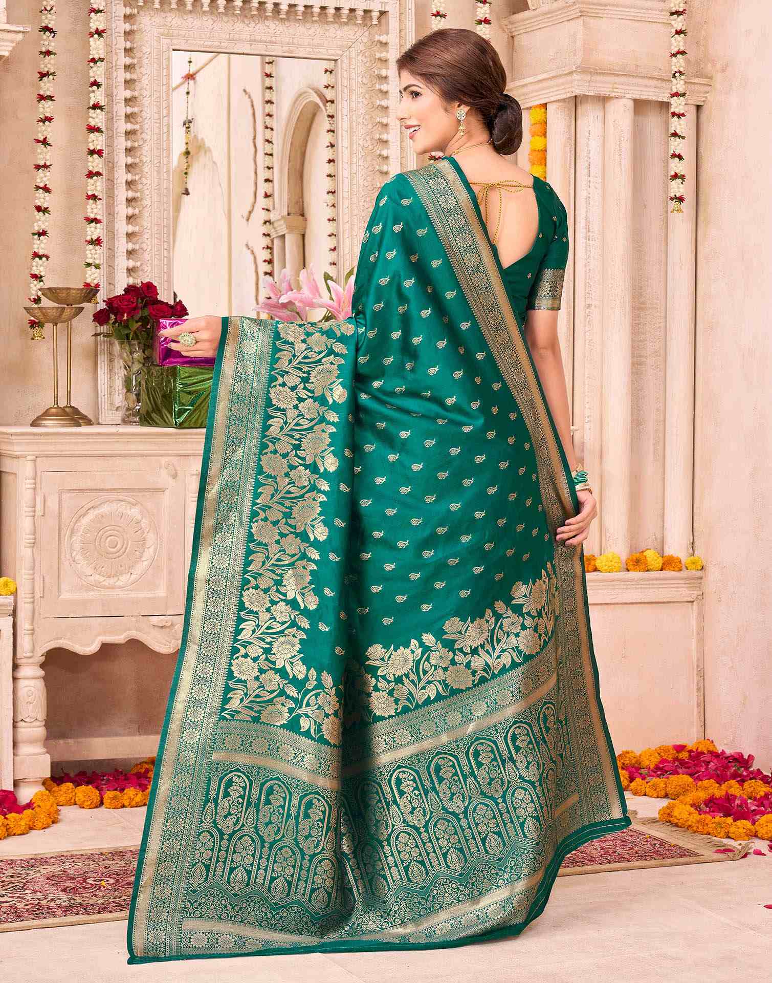 Teal Green Silk Woven Banarasi Saree