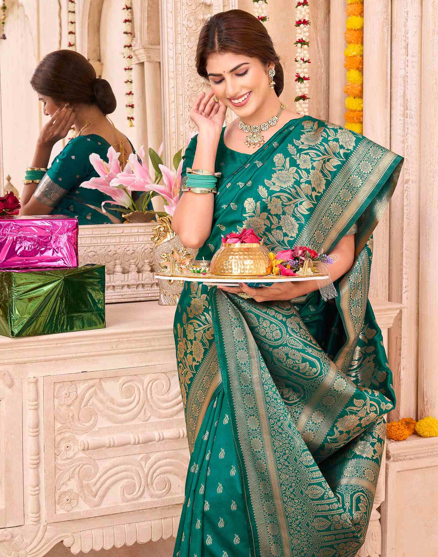 Teal Green Silk Woven Banarasi Saree