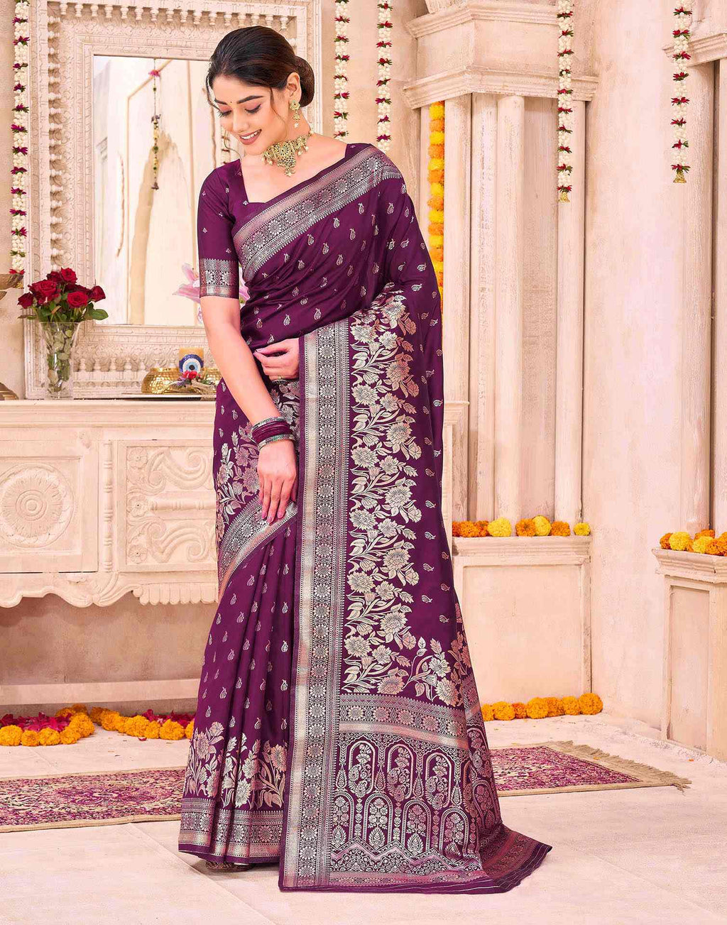 Dark Purple Silk Woven Banarasi Saree
