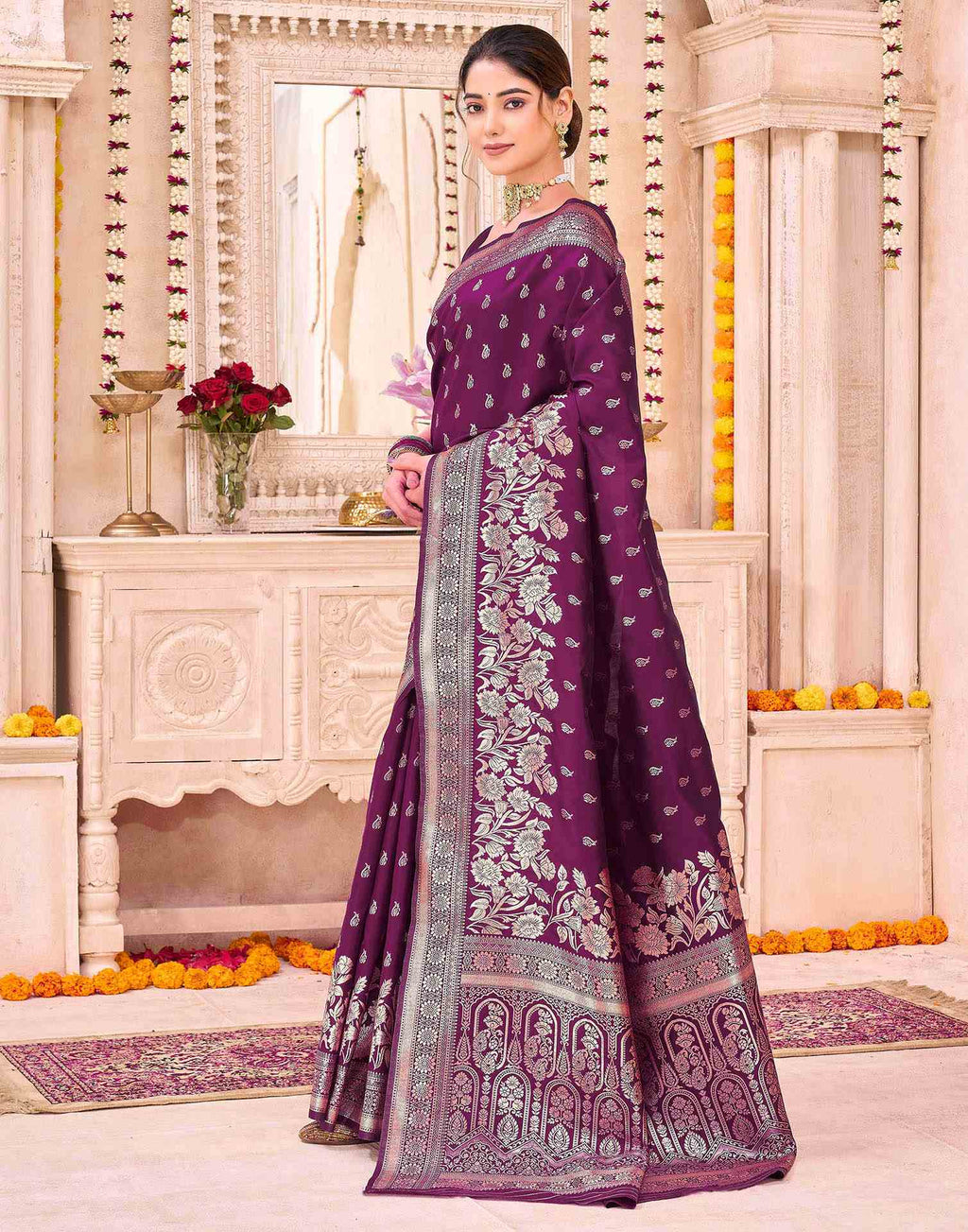 Dark Purple Silk Woven Banarasi Saree