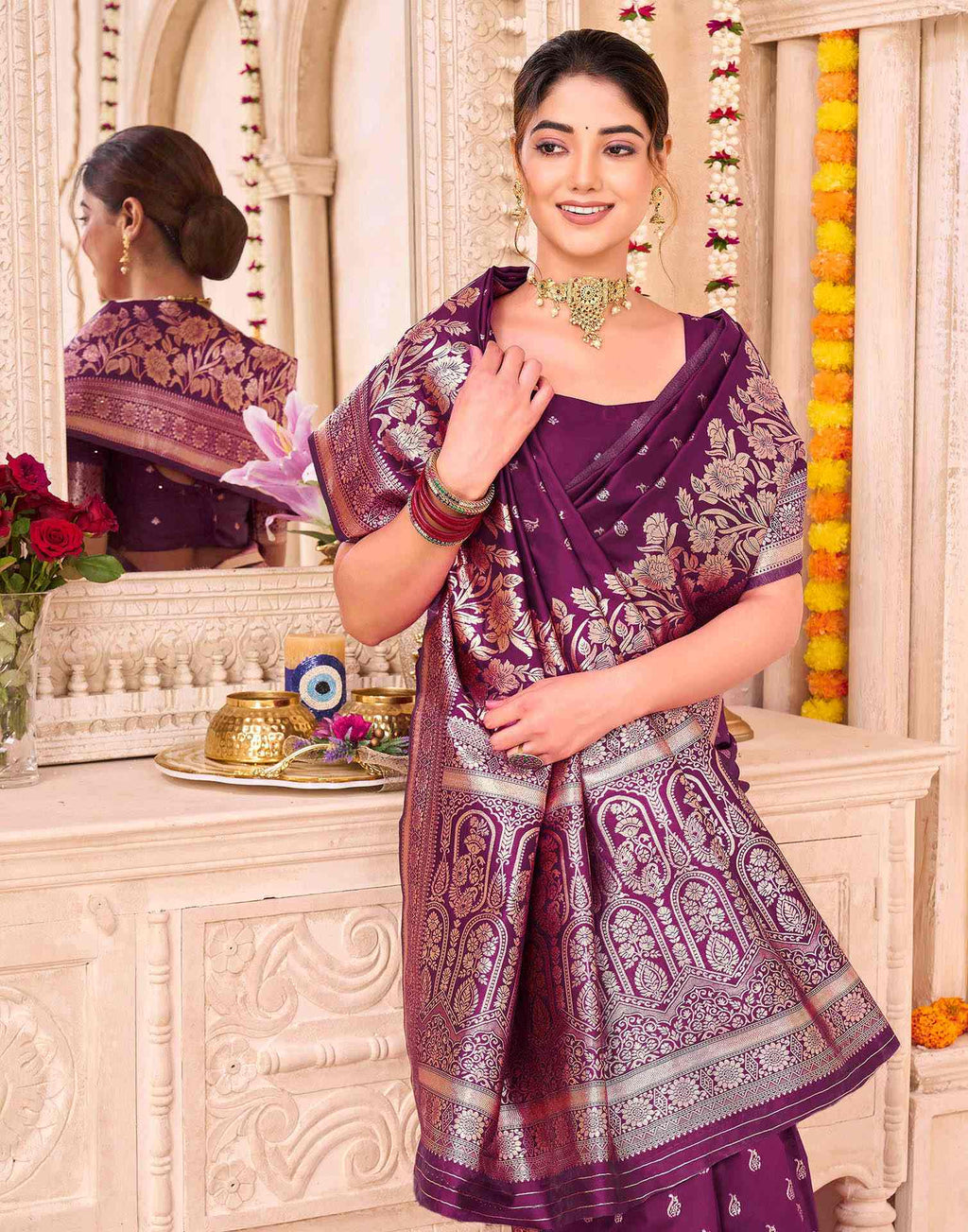 Dark Purple Silk Woven Banarasi Saree