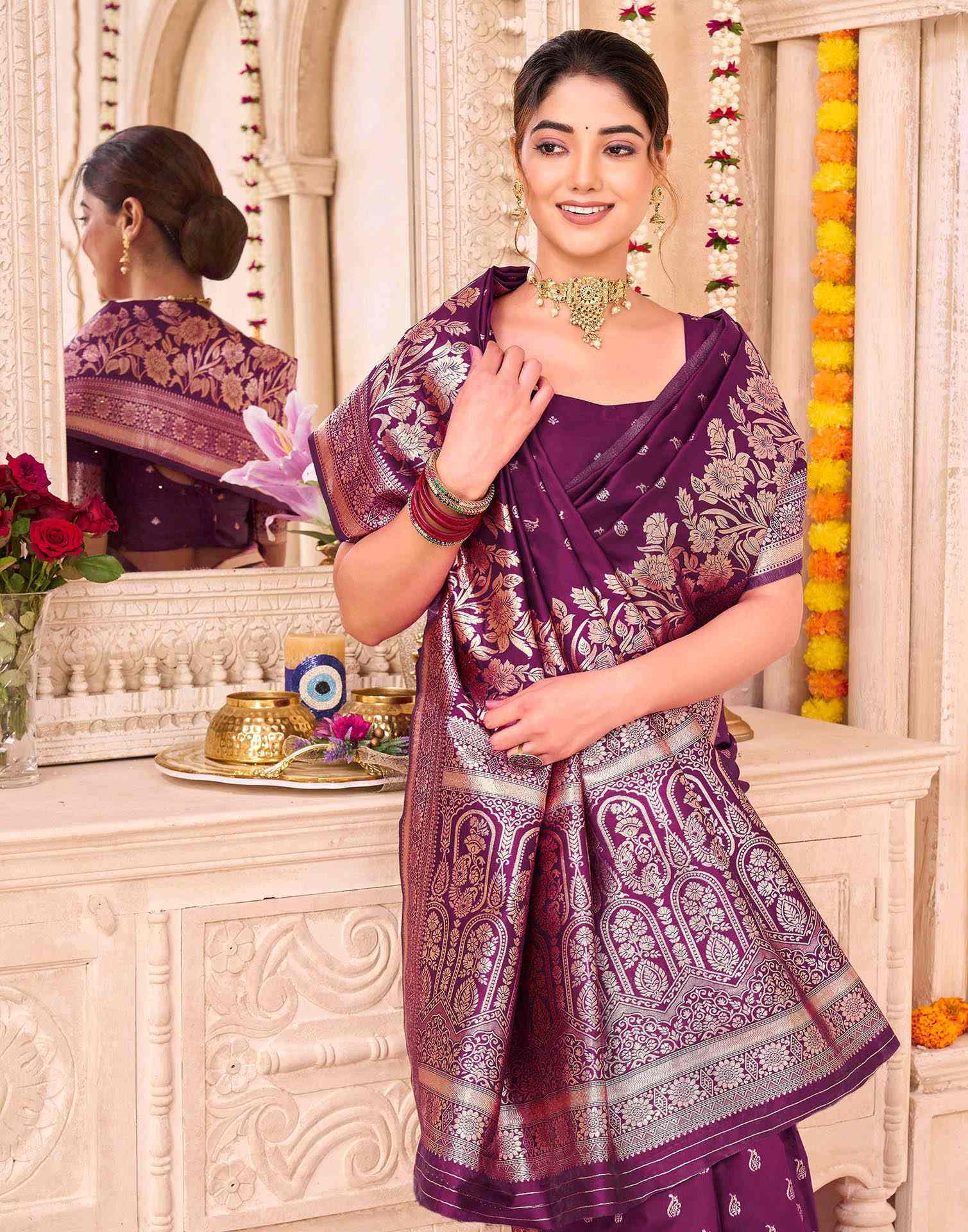 Dark Purple Silk Woven Banarasi Saree