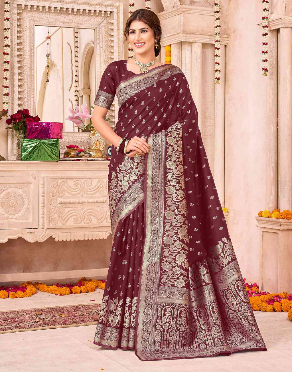 Maroon Silk Woven Banarasi Saree