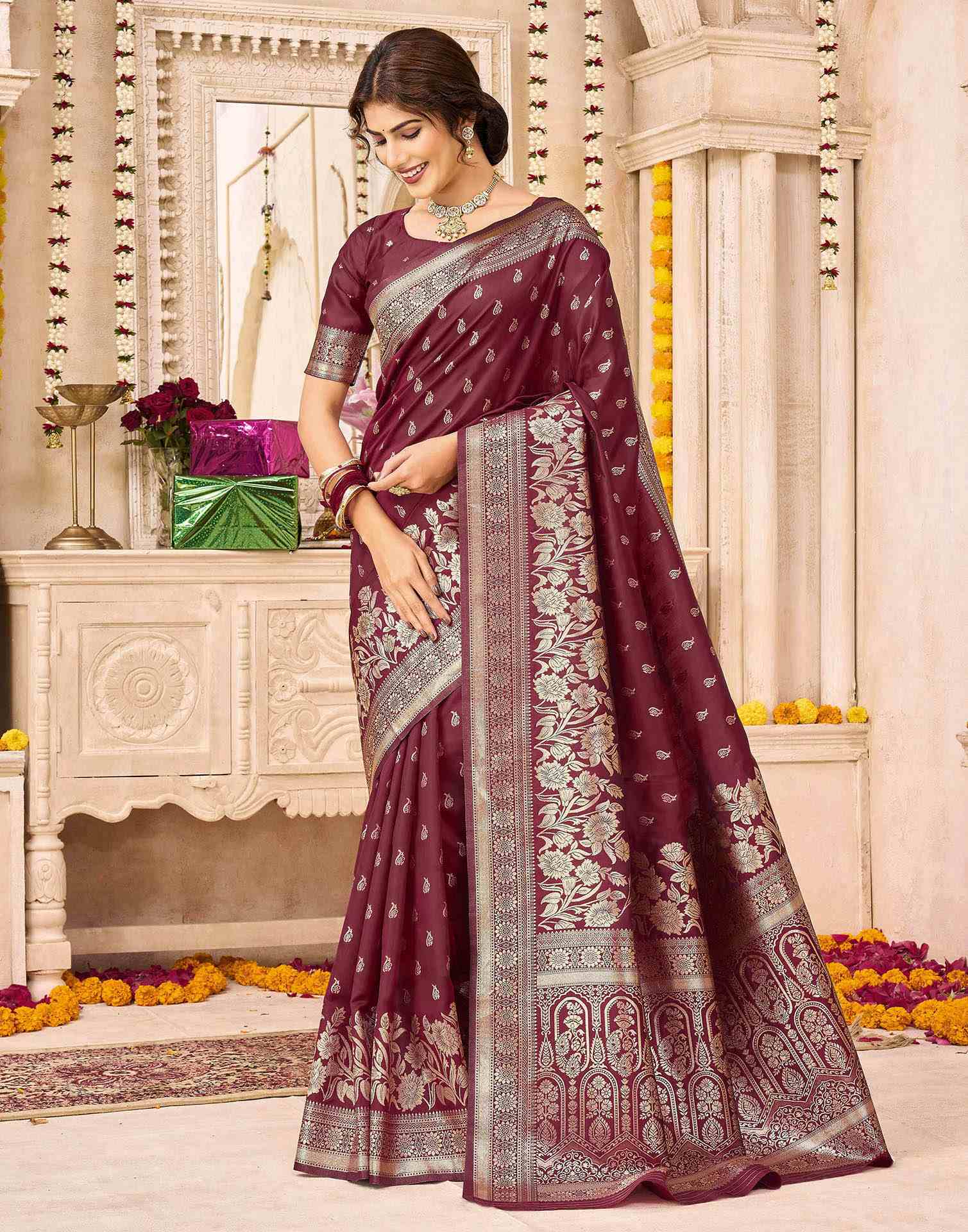Maroon Silk Woven Banarasi Saree