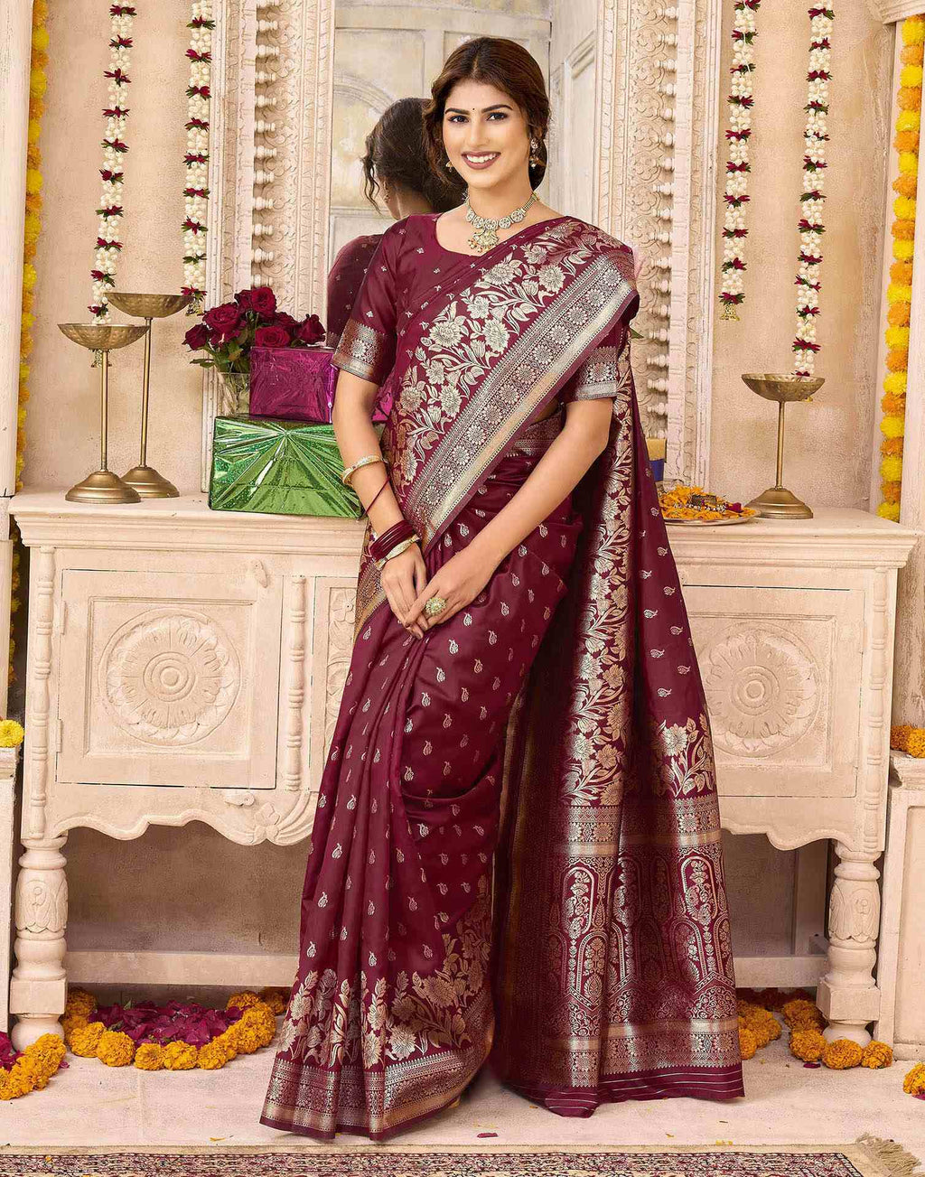 Maroon Silk Woven Banarasi Saree