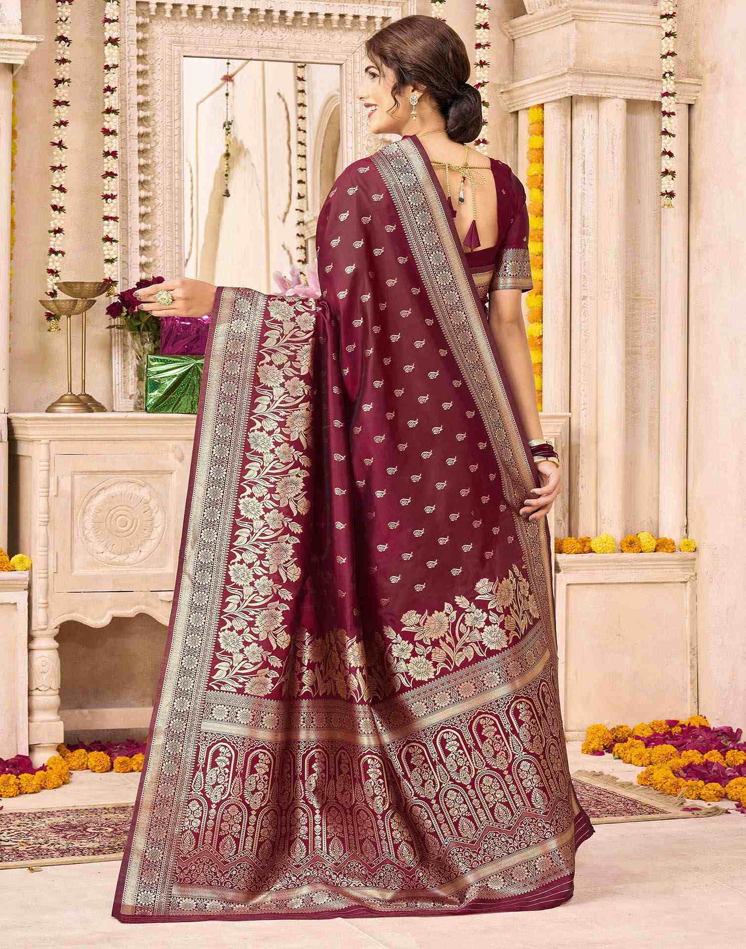 Maroon Silk Woven Banarasi Saree
