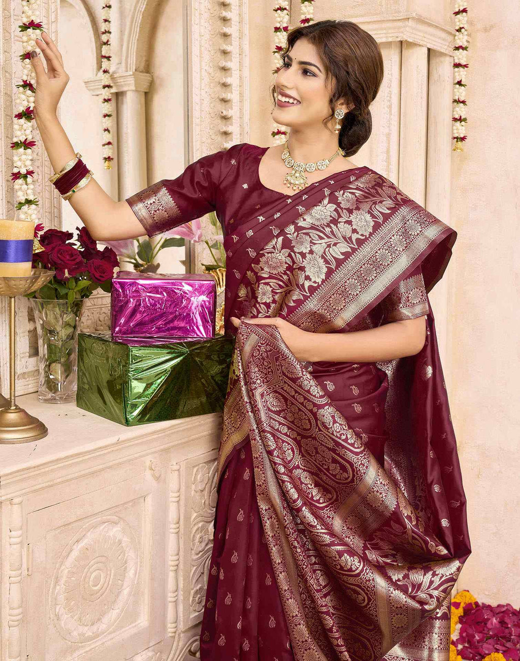 Maroon Silk Woven Banarasi Saree