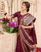 Maroon Silk Woven Banarasi Saree