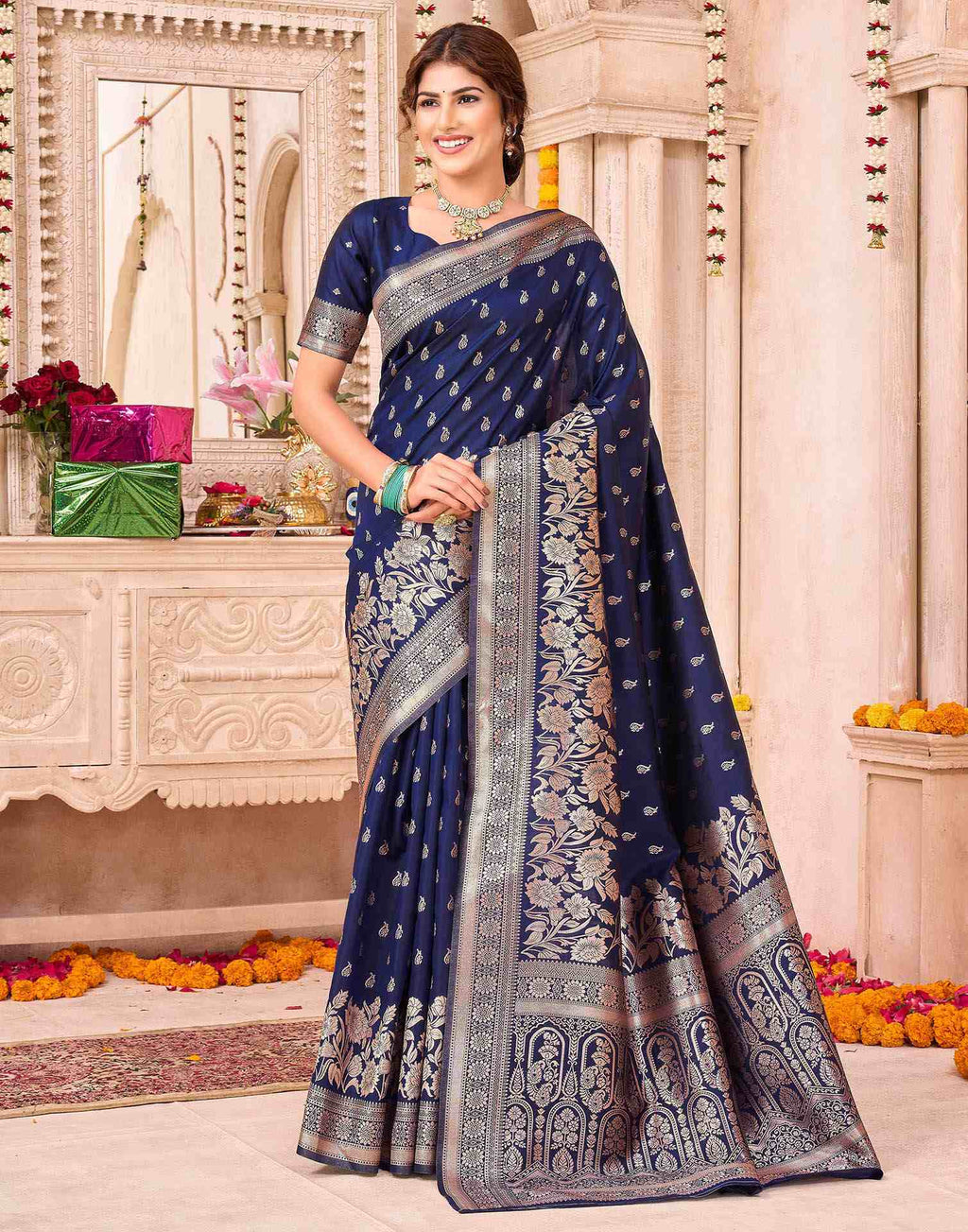 Navy Blue Silk Woven Banarasi Saree
