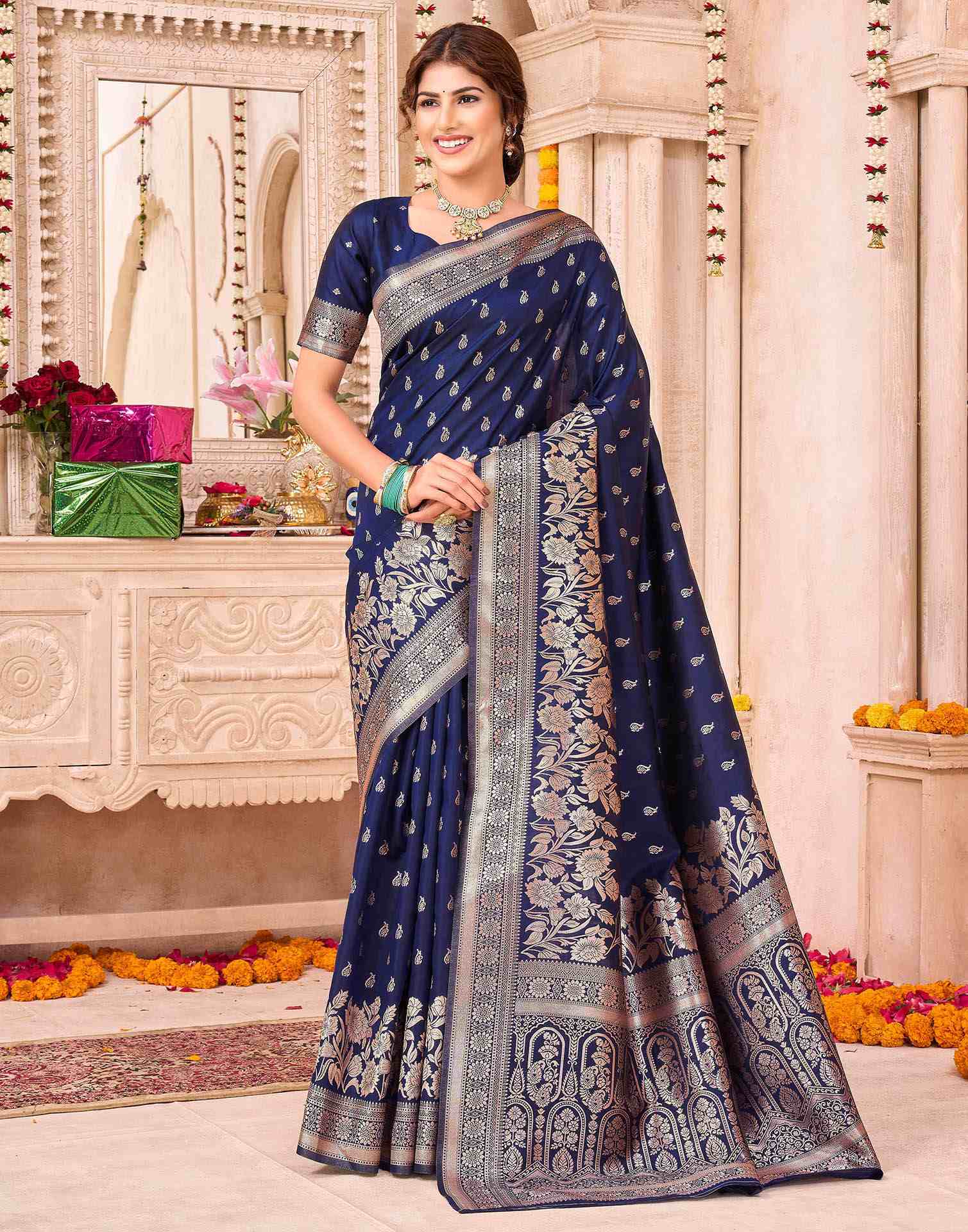 Navy Blue Silk Woven Banarasi Saree