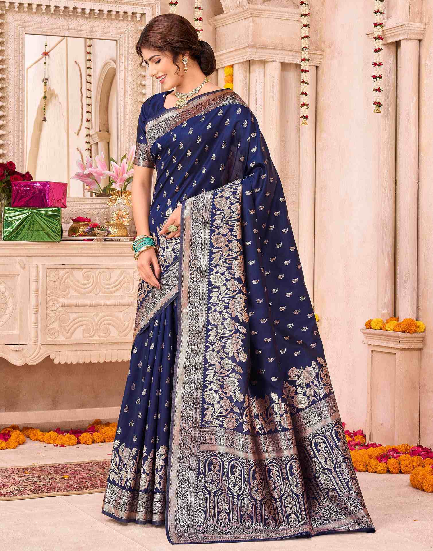 Navy Blue Silk Woven Banarasi Saree
