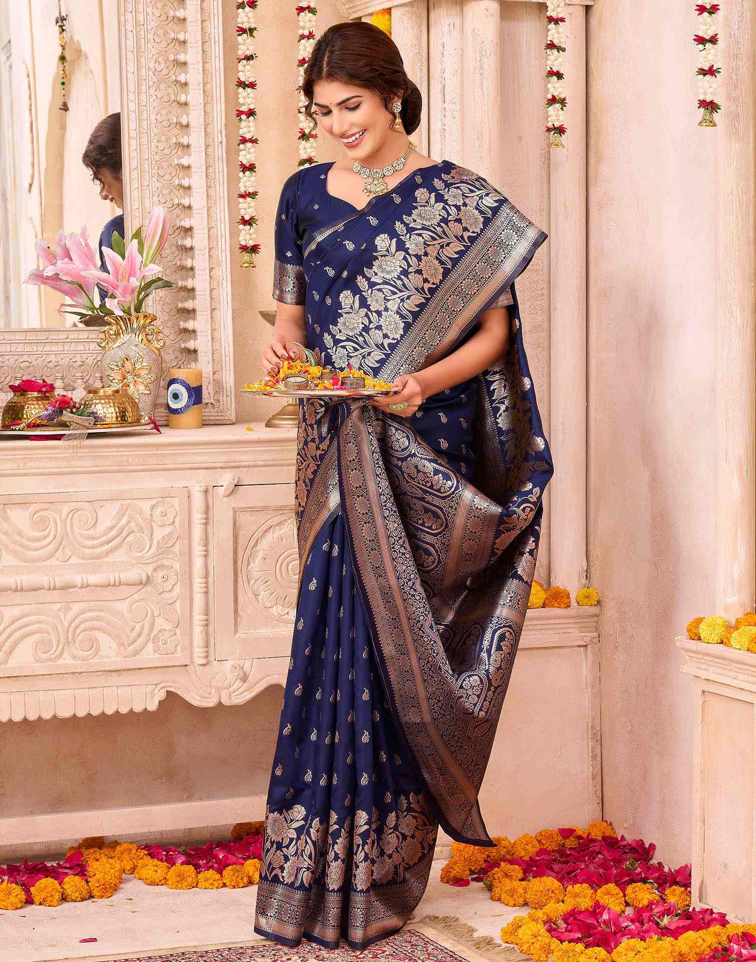 Navy Blue Silk Woven Banarasi Saree