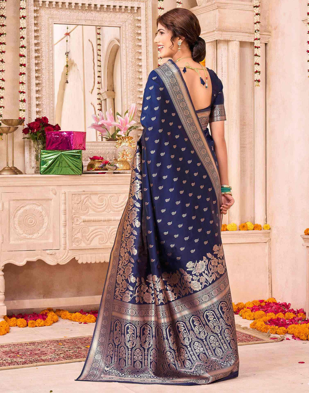 Navy Blue Silk Woven Banarasi Saree