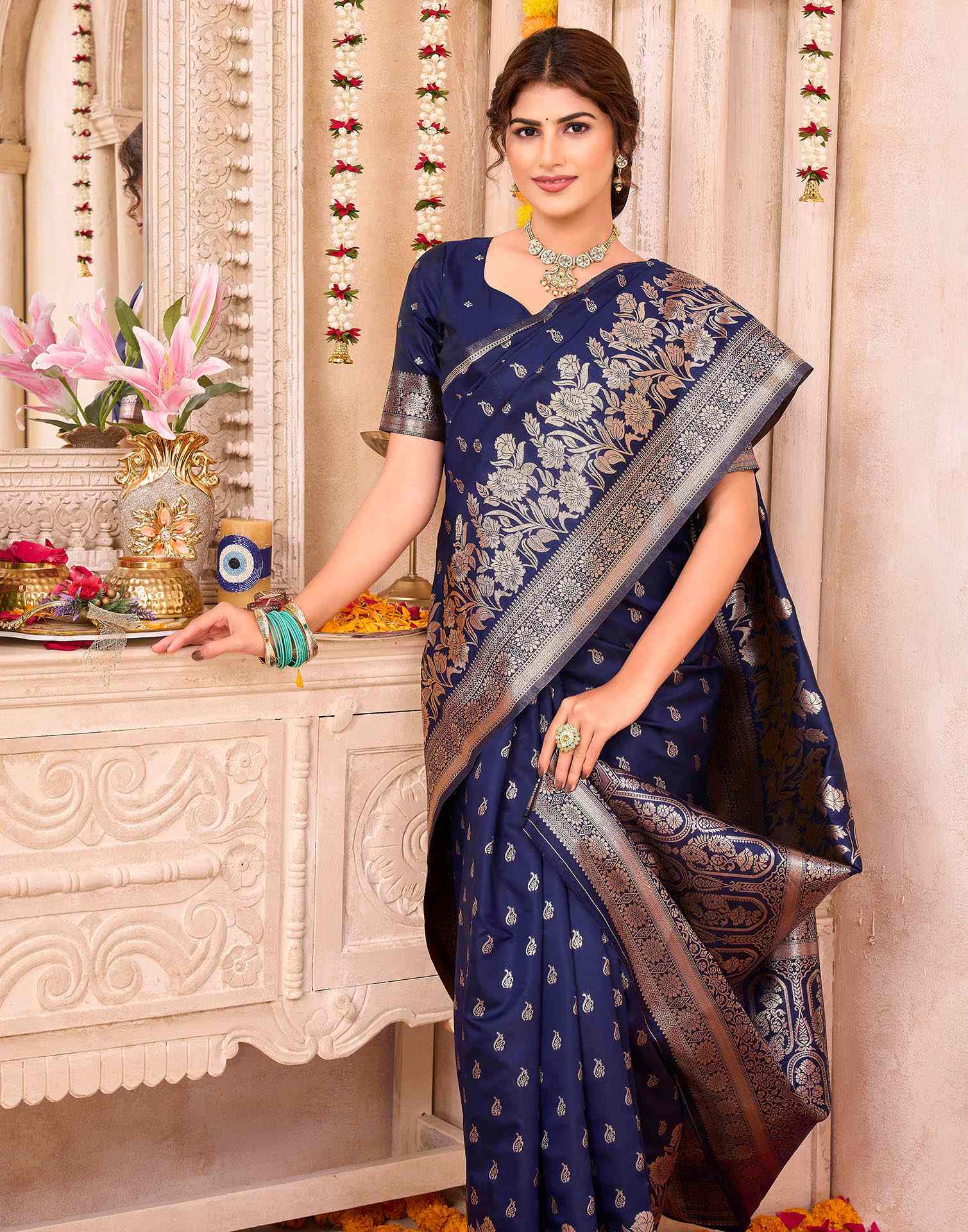 Navy Blue Silk Woven Banarasi Saree
