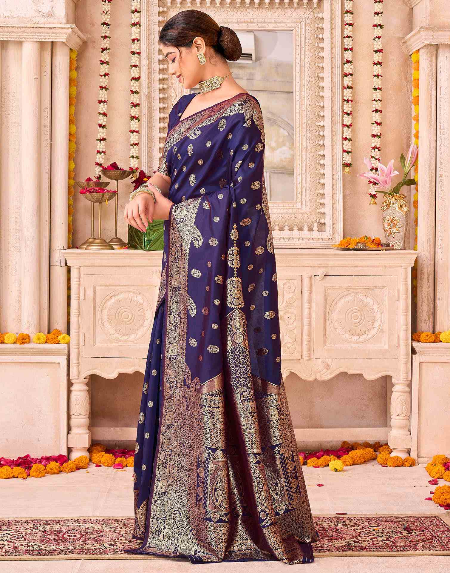 Navy Blue Silk Woven Banarasi Saree