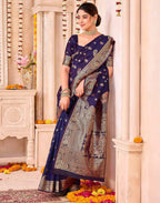 Navy Blue Silk Woven Banarasi Saree