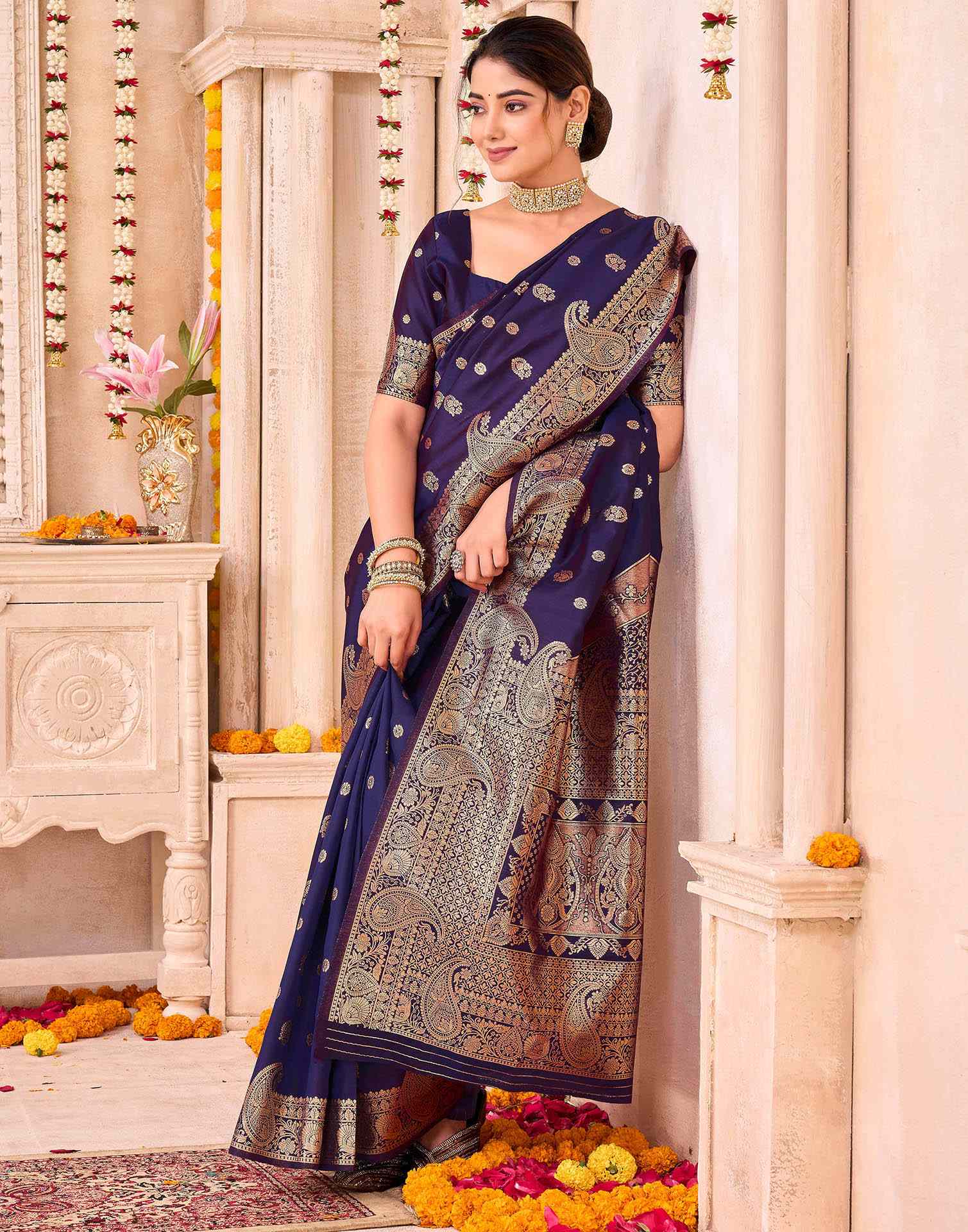 Navy Blue Silk Woven Banarasi Saree