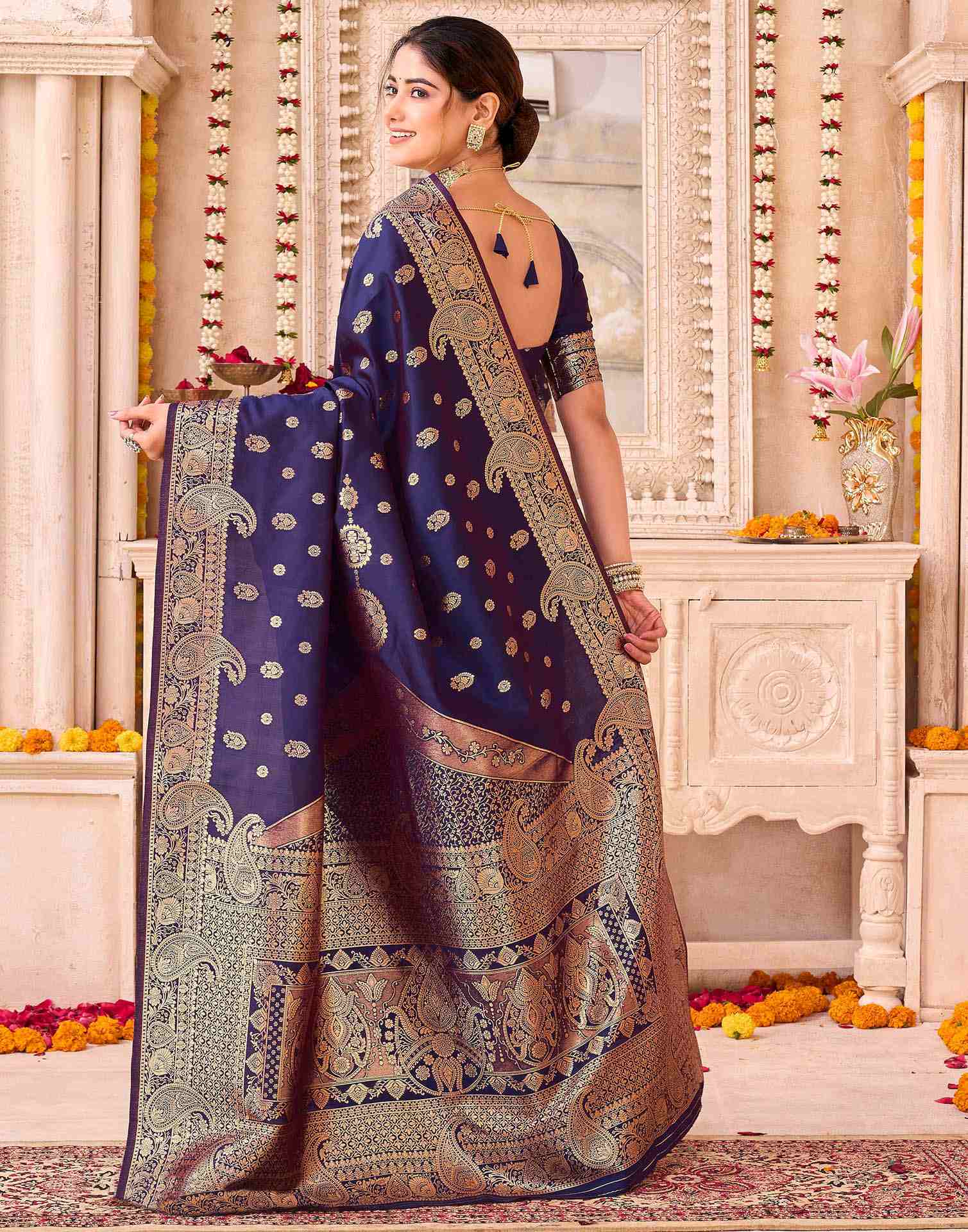 Navy Blue Silk Woven Banarasi Saree