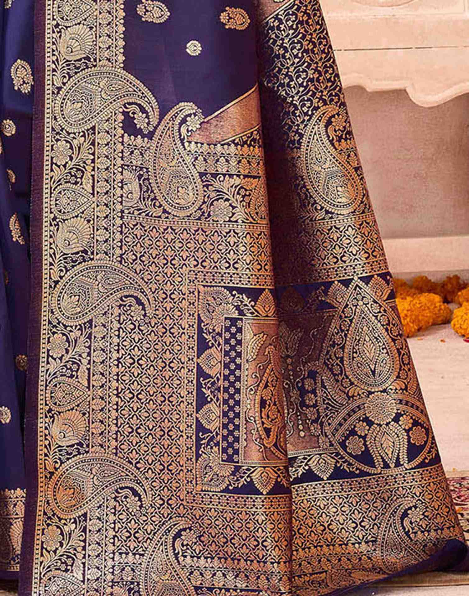 Navy Blue Silk Woven Banarasi Saree