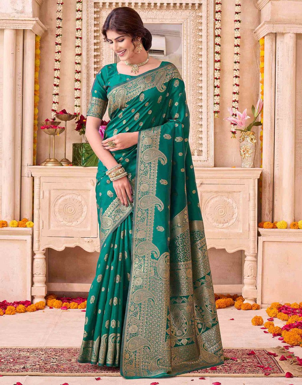 Teal Green Blue Silk Woven Banarasi Saree