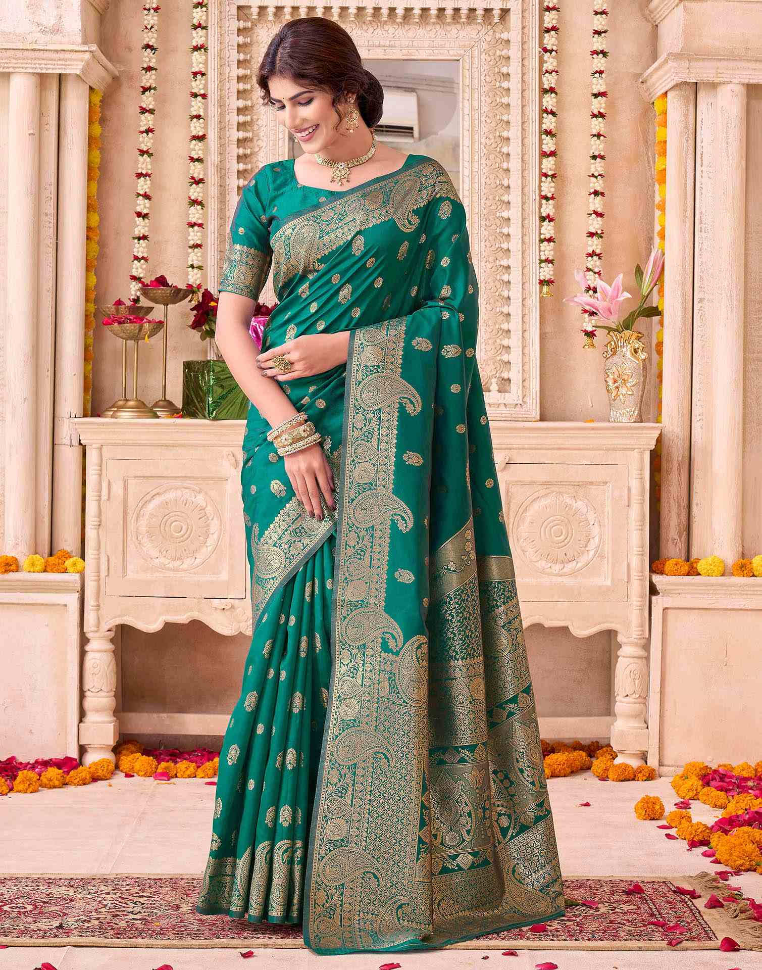 Teal Green Blue Silk Woven Banarasi Saree