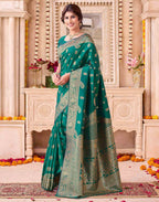 Teal Green Blue Silk Woven Banarasi Saree