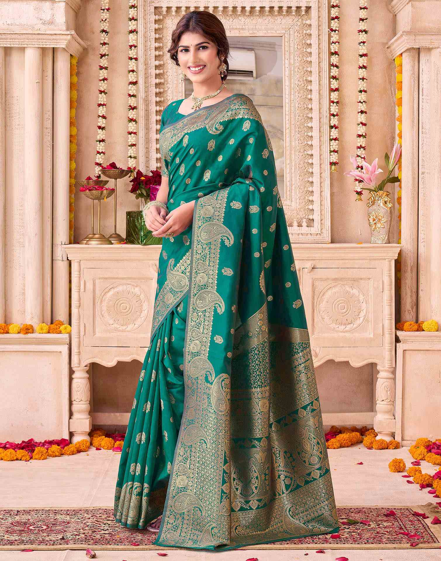Teal Green Blue Silk Woven Banarasi Saree
