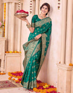 Teal Green Blue Silk Woven Banarasi Saree