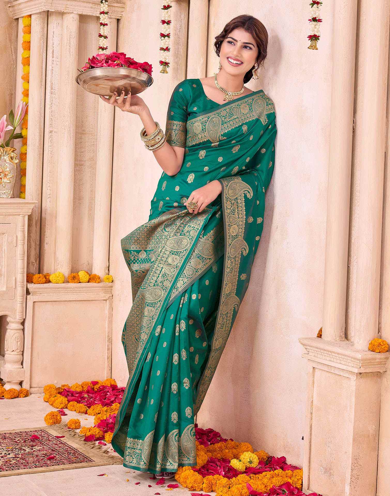 Teal Green Blue Silk Woven Banarasi Saree