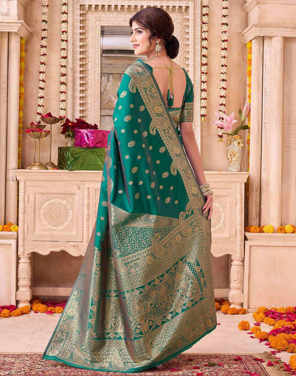 Teal Green Blue Silk Woven Banarasi Saree