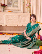Teal Green Blue Silk Woven Banarasi Saree