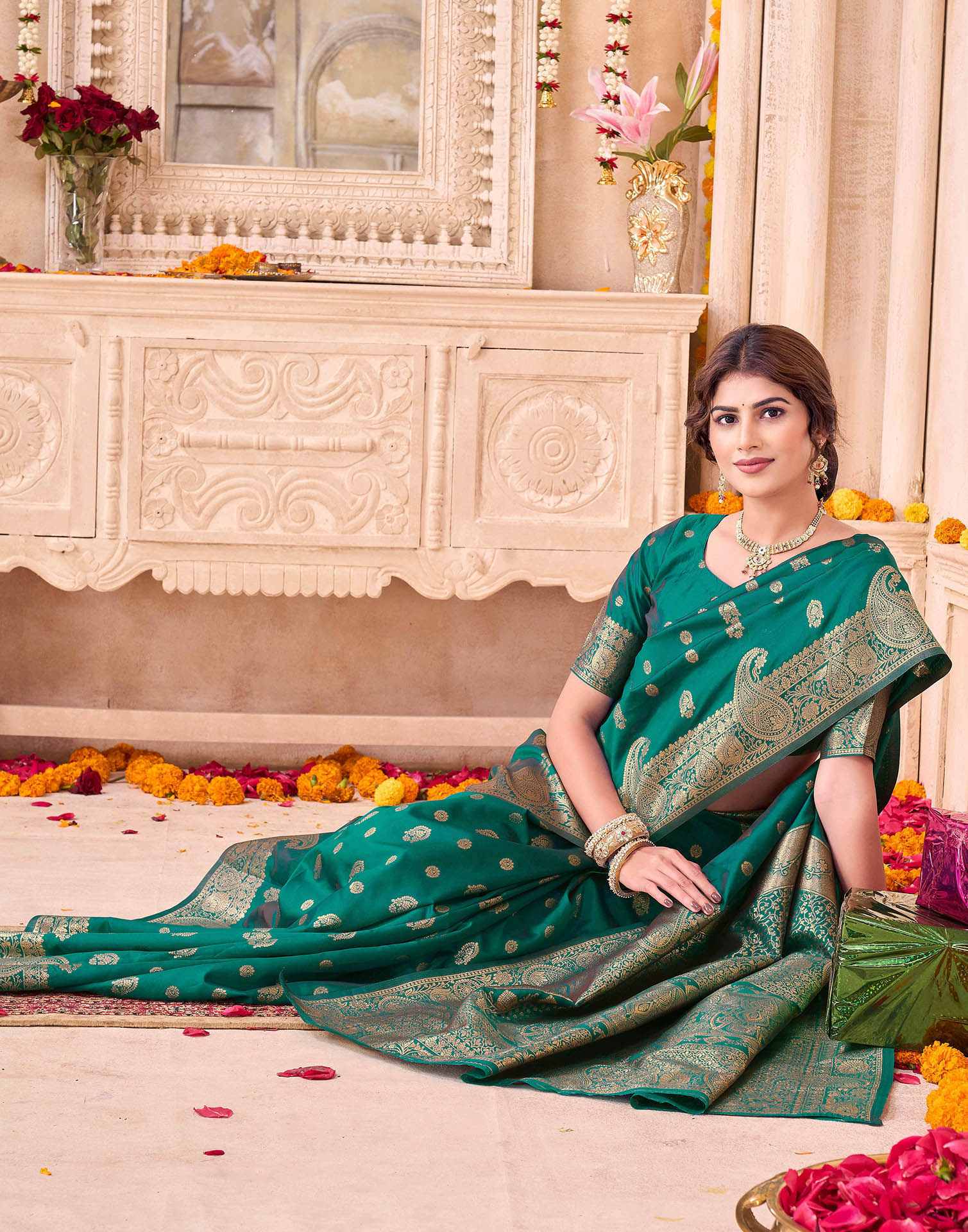 Teal Green Blue Silk Woven Banarasi Saree