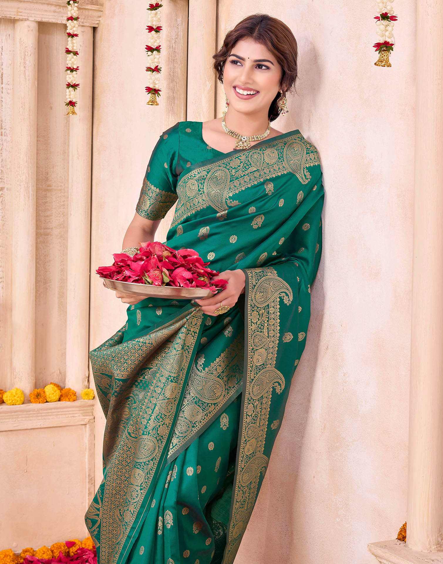 Teal Green Blue Silk Woven Banarasi Saree