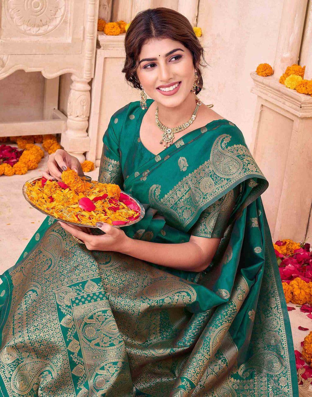 Teal Green Blue Silk Woven Banarasi Saree