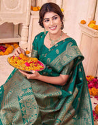 Teal Green Blue Silk Woven Banarasi Saree