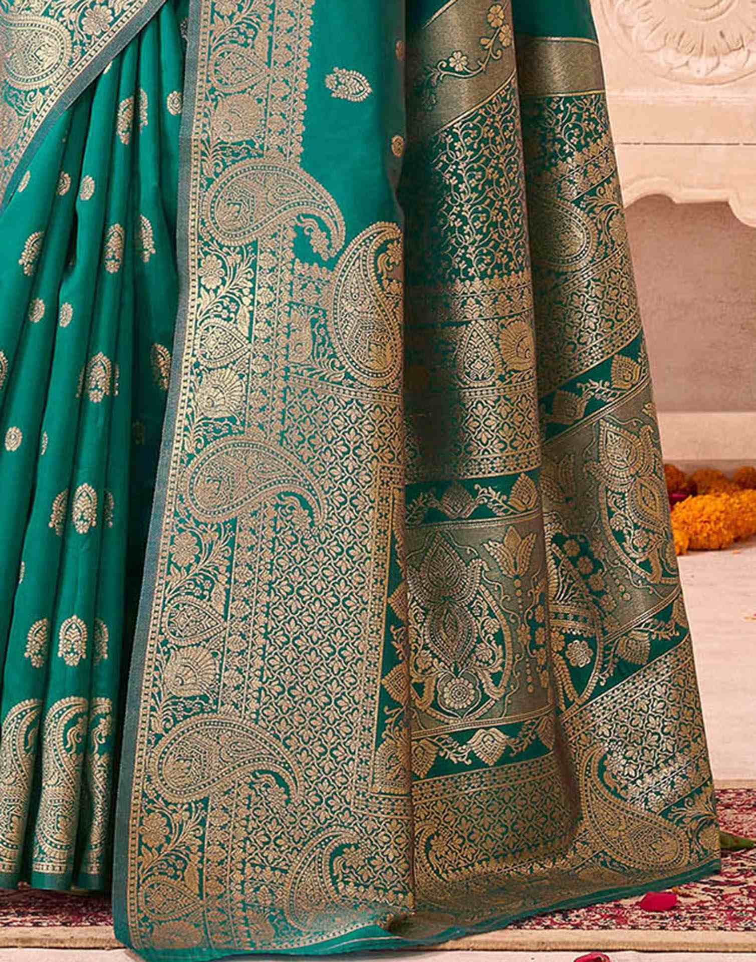 Teal Green Blue Silk Woven Banarasi Saree