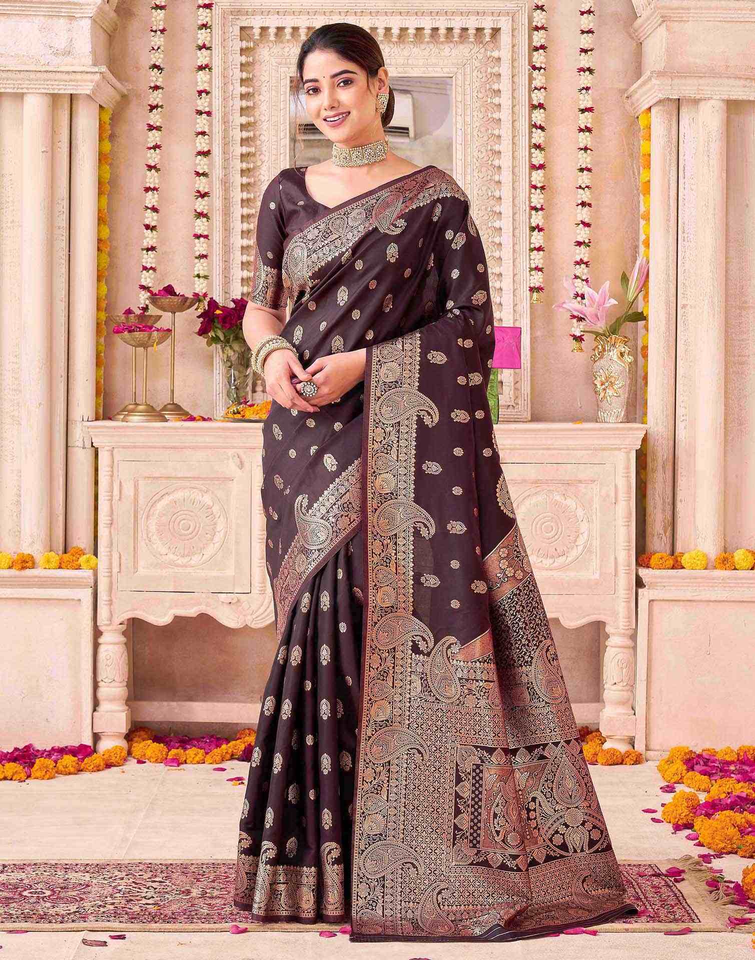 Coffee Blue Silk Woven Banarasi Saree