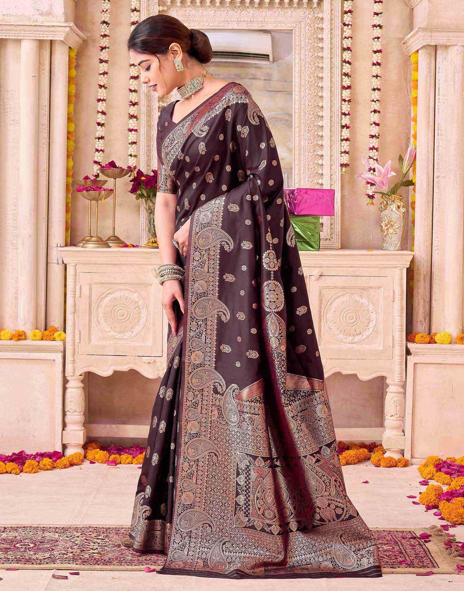 Coffee Blue Silk Woven Banarasi Saree