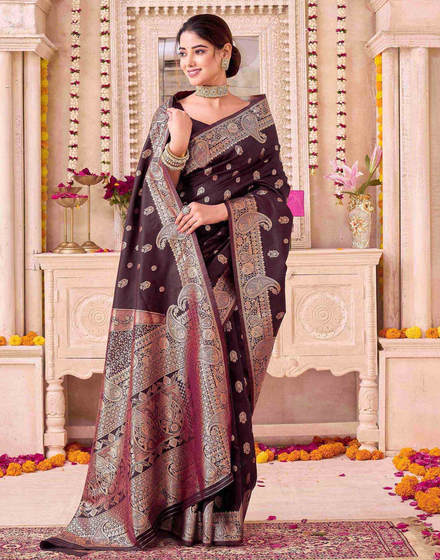 Coffee Blue Silk Woven Banarasi Saree