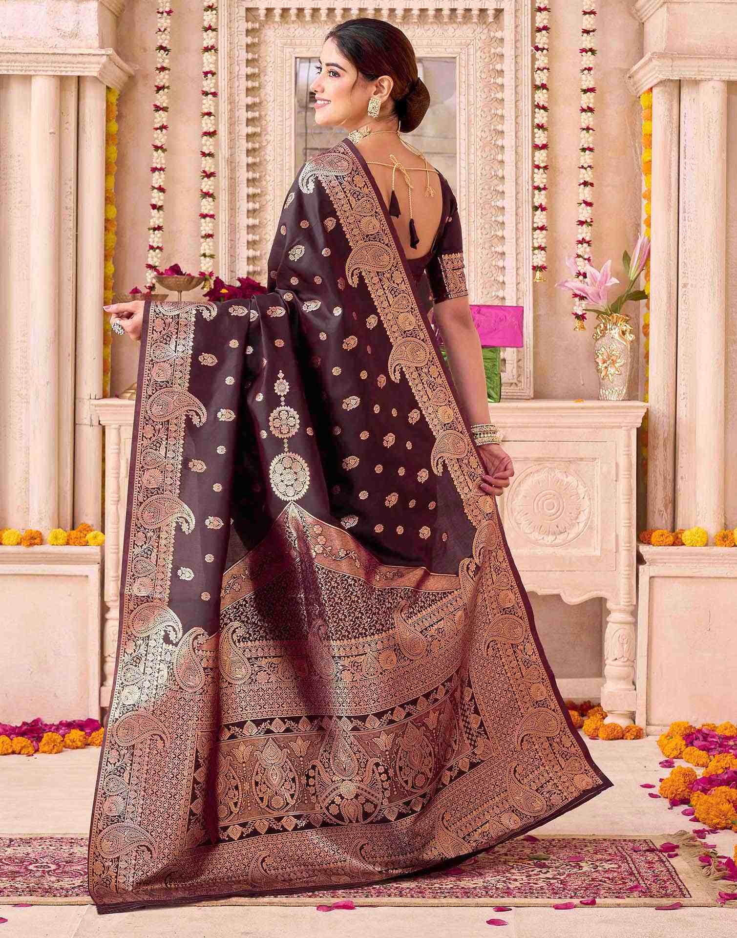 Coffee Blue Silk Woven Banarasi Saree