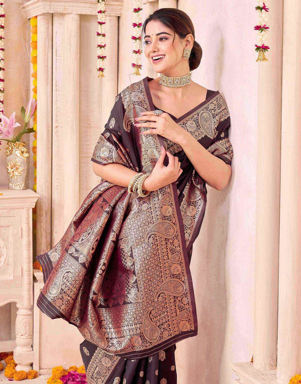 Coffee Blue Silk Woven Banarasi Saree