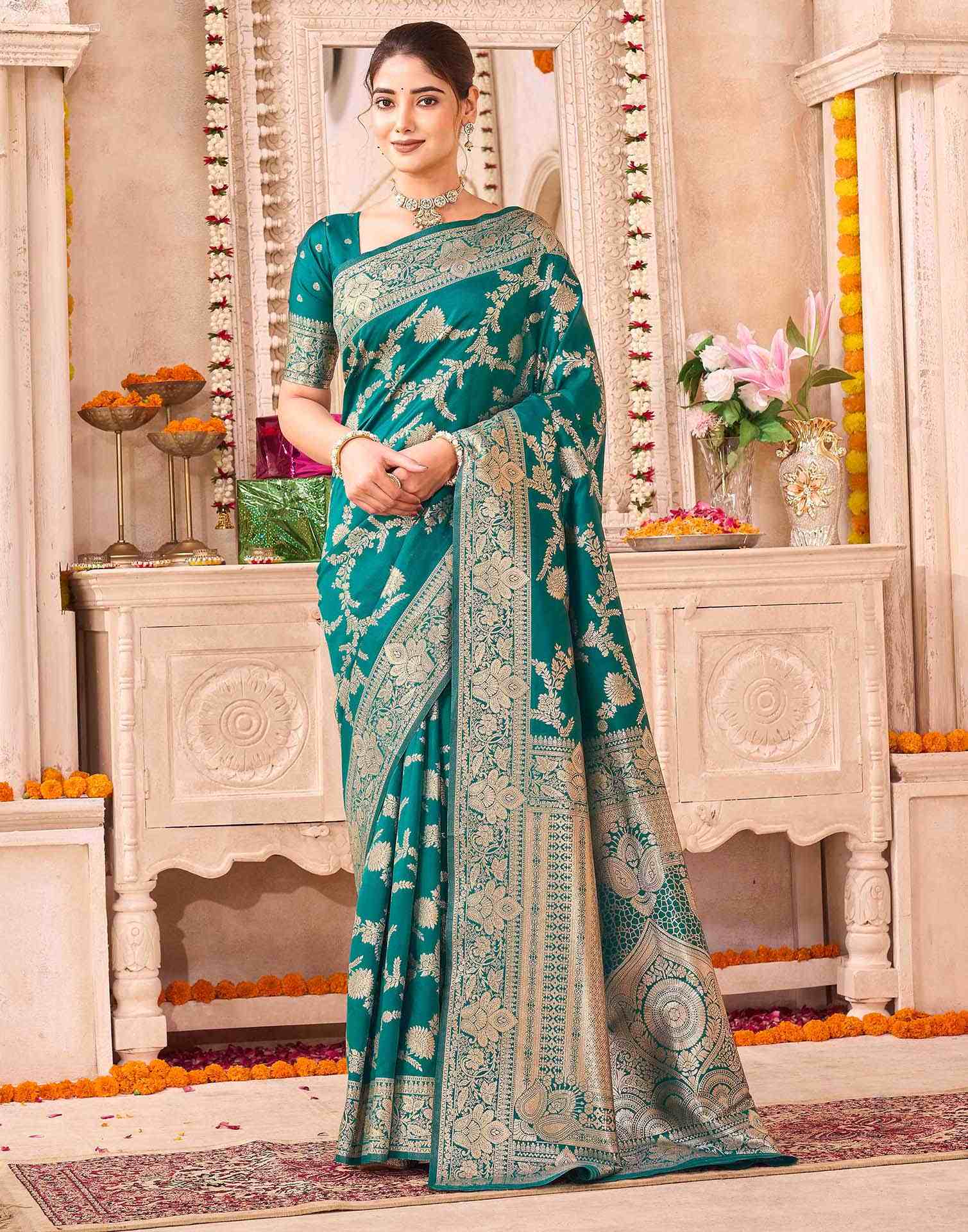 Teal Green Silk Woven Banarasi Saree