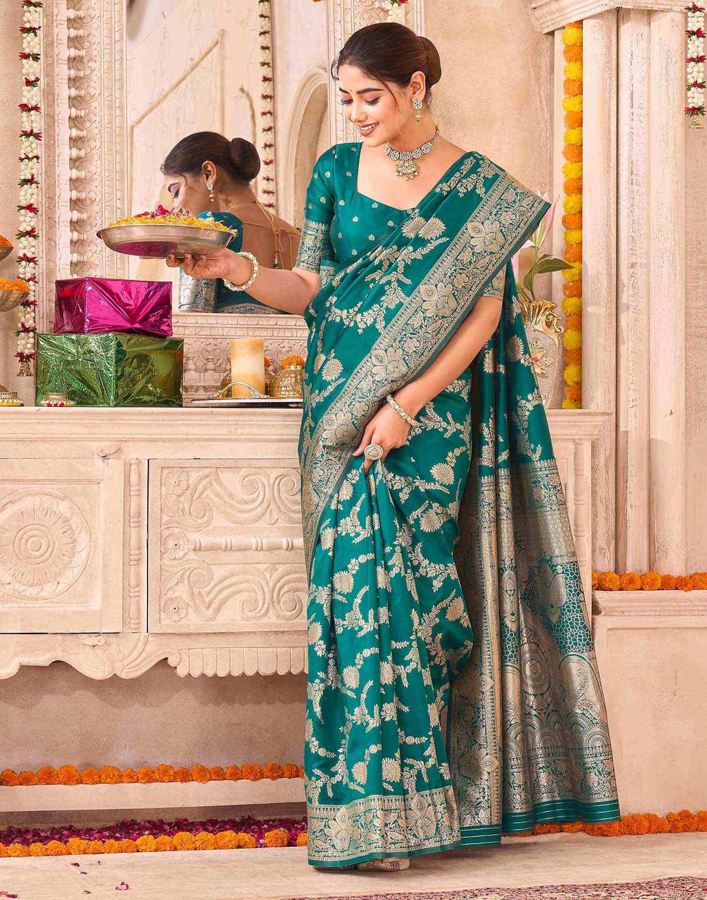 Teal Green Silk Woven Banarasi Saree