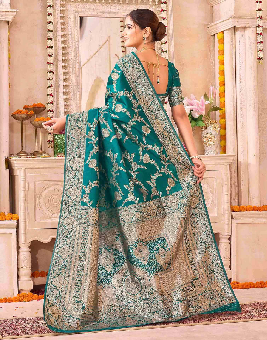 Teal Green Silk Woven Banarasi Saree