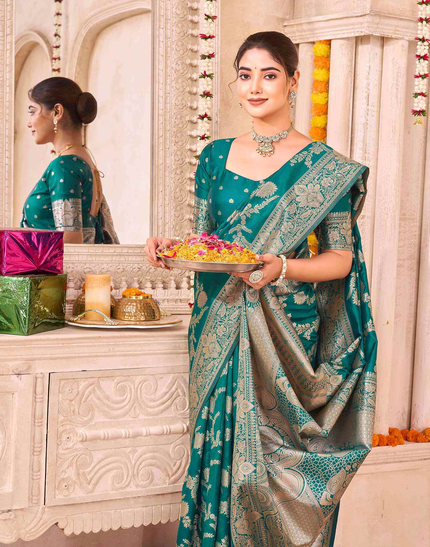 Teal Green Silk Woven Banarasi Saree