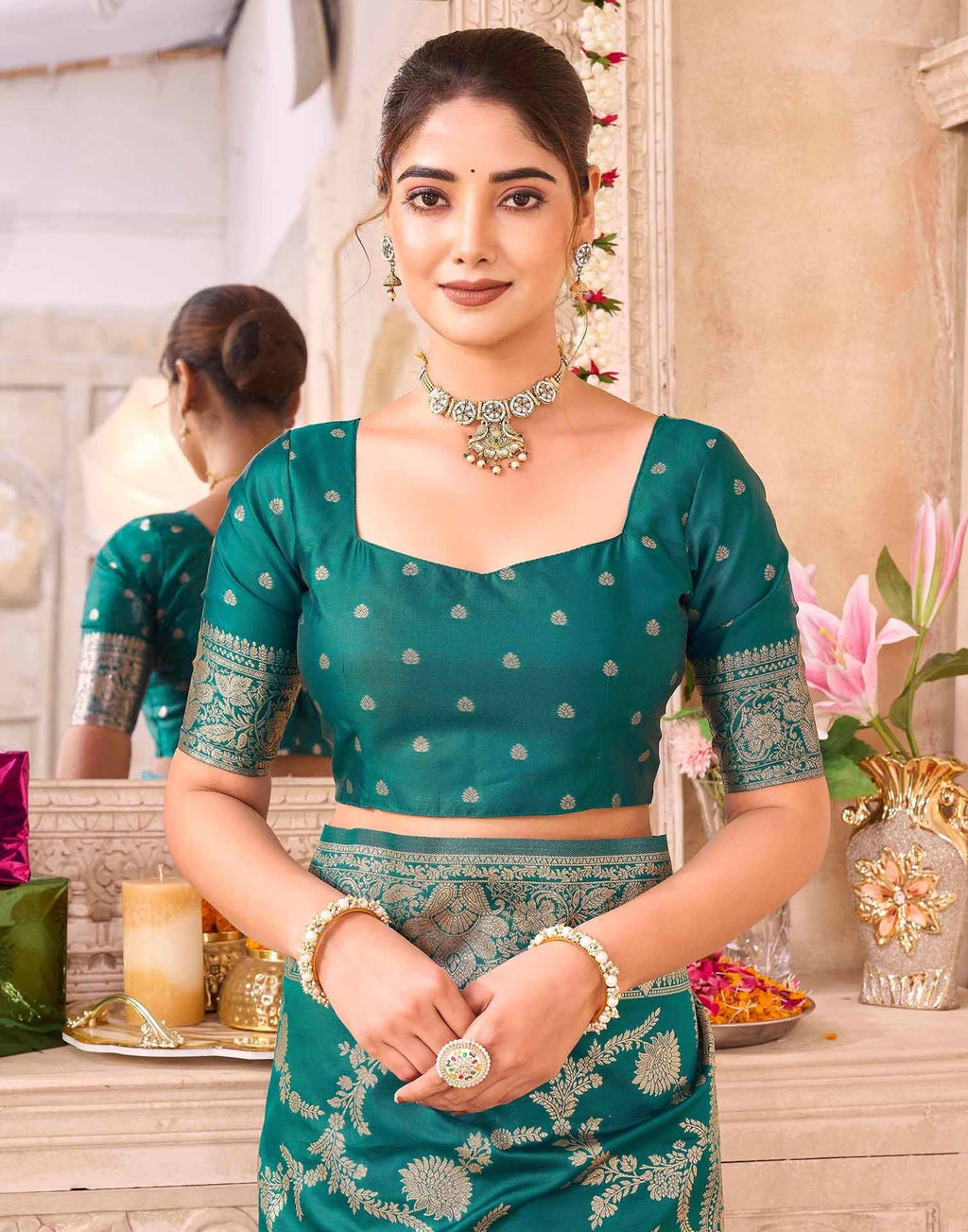 Teal Green Silk Woven Banarasi Saree